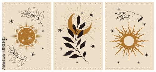 Set of esoteric alchemy mystical magic posters. Crescent, sun, stars, floral elements, hand. Spiritual talisman, occultism objects. Boho illustration