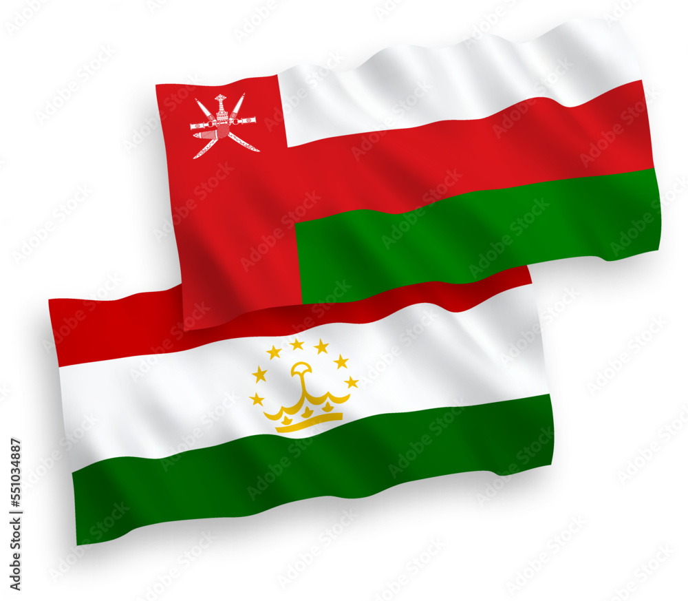 Flags of Sultanate of Oman and Tajikistan on a white background Flags of Sultanate of Oman and Tajikistan on a white background