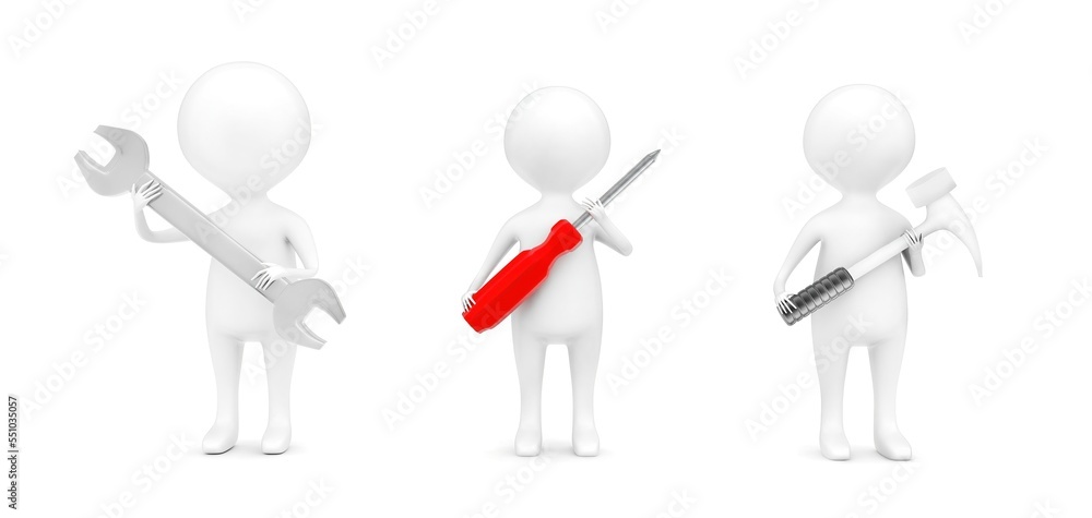 3d different characters holding wrench , screwdriver and hammer in hands concept