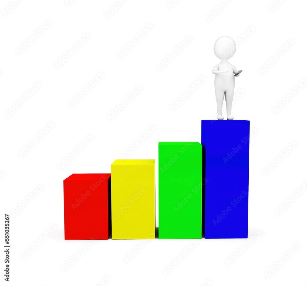 3d man standing top of the bar graph concept 3d man standing top of the bar graph concept
