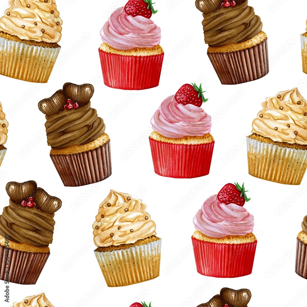 Watercolor pattern of cupcakes with cream sweets and berry. Cakes isolated on white background. Muffins for cafe and pastry shop Watercolor pattern of cupcakes with cream sweets and berry. Cakes isolated on white background. Muffins for cafe and pastry shop