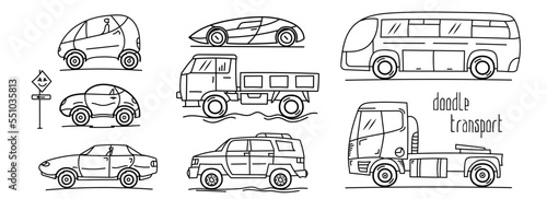 Vector black and white doodles. Set of different hand drawn vehicles. Passenger cars, sports car, trucks, four-wheel drive and bus. Simple transport.