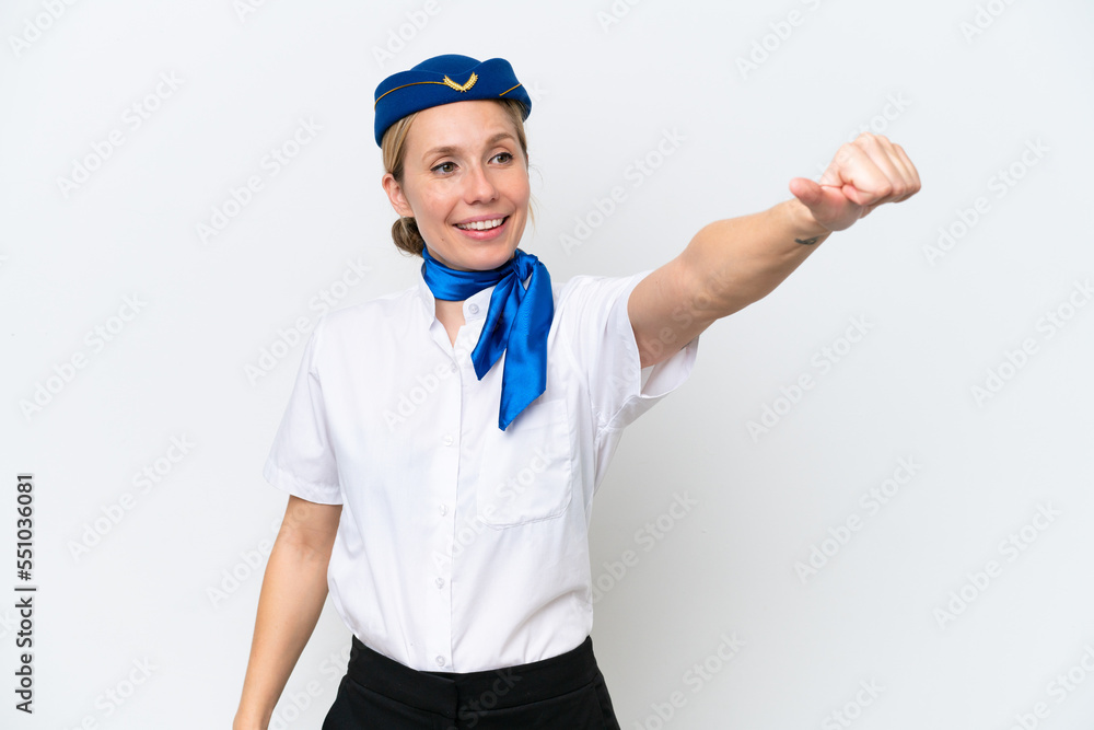 Airplane blonde stewardess woman isolated on white background giving a thumbs up gesture Airplane blonde stewardess woman isolated on white background giving a thumbs up gesture