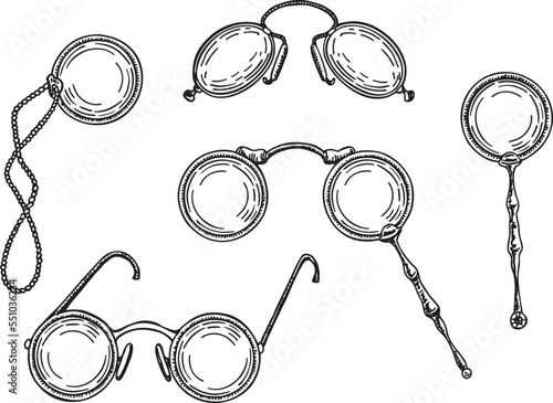 Set of optics Pince-nez, lorgnette, monocles. Vintage spectacles. Vintage glasses sign. Ink sketch set isolated on white background