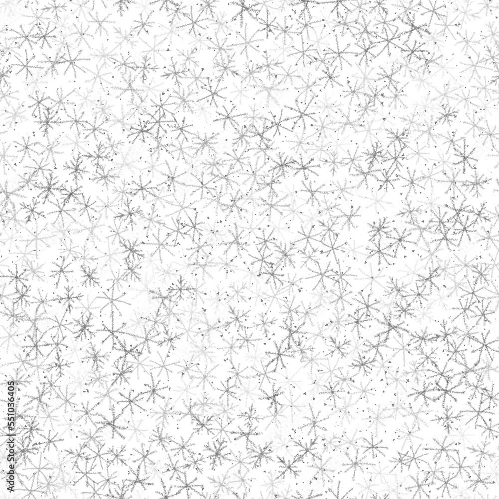 Hand Drawn Snowflakes Christmas Seamless Pattern. Subtle Flying Snow Flakes on chalk snowflakes Background. Amazing chalk handdrawn snow overlay. Uncommon holiday season decoration.