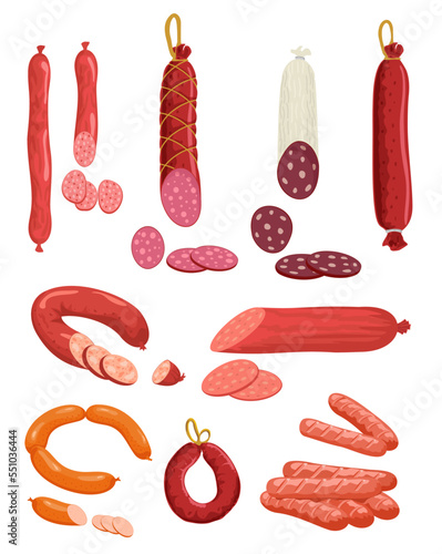 Set of sausages salami, pepperoni smoked sausage, beef meat, ham farm or butcher store production. Bacon or boiled sausage delicatessen meals. Design elements for market advert.