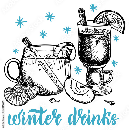 Hand drawn warming beverages. Hot drinks Bar menu. Vector isolated elements, collection of hot drinks and spices. Template for Winter food