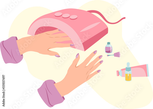 Caucasian woman puts her hand into UV lamp to dry her manicure in flat style