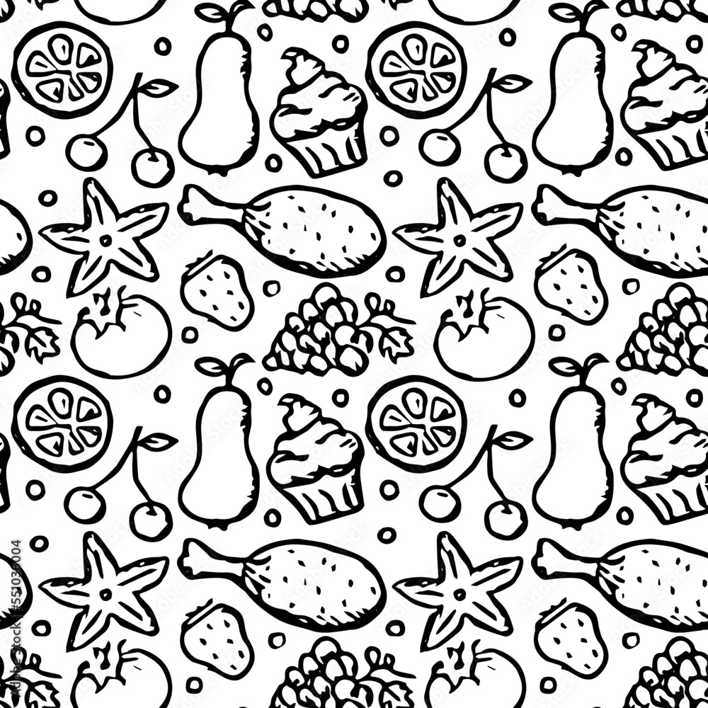 seamless pattern with food icons. icons of food, mushrooms, sweets, vegetables and fruits. vector food icons seamless pattern with food icons. icons of food, mushrooms, sweets, vegetables and fruits. vector food icons