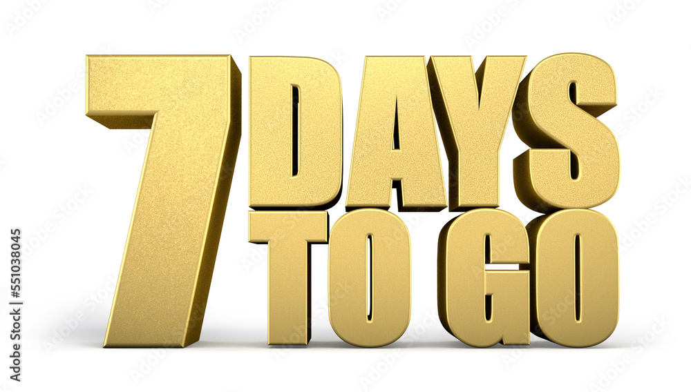 3d Golden 7 days to go isolated on white background. Sale concept. 3d illustration. 3d Golden 7 days to go isolated on white background. Sale concept. 3d illustration.