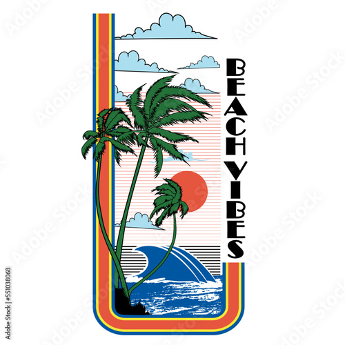 vintage Retro summer beach vibes graphic prints, summer beach slogan with beach surf sandals illustratiion