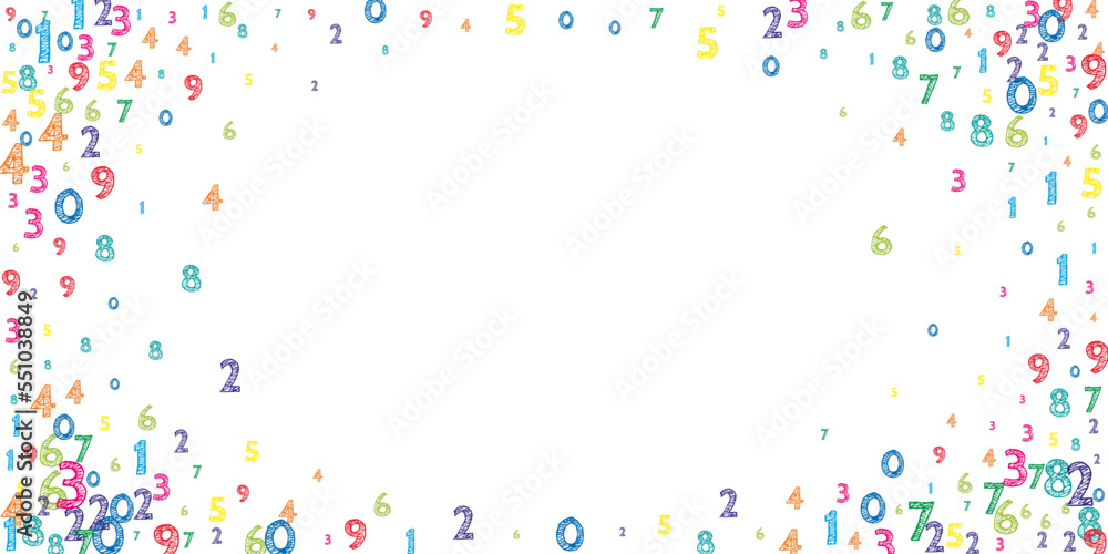 Falling colorful orderly numbers. Math study concept with flying digits. Cool back to school mathematics banner on white background. Falling numbers vector illustration.