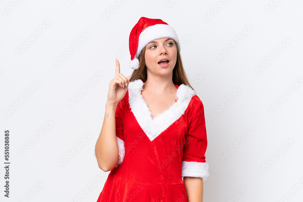 Young caucasian woman dressed as mama noel isolated on white background intending to realizes the solution while lifting a finger up Young caucasian woman dressed as mama noel isolated on white background intending to realizes the solution while lifting a finger up