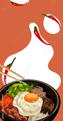 Illustration of an Asian pybimpap dish for marquetinka against a backdrop of bright spots. Flyer for distribution. Can be used to print menus, flyers and banners on paper.