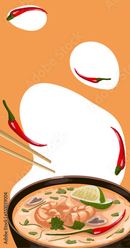 Illustration of an Asian tom yam dish for marquetinka against a backdrop of bright spots. Flyer for distribution. Can be used to print menus, flyers and banners on paper.