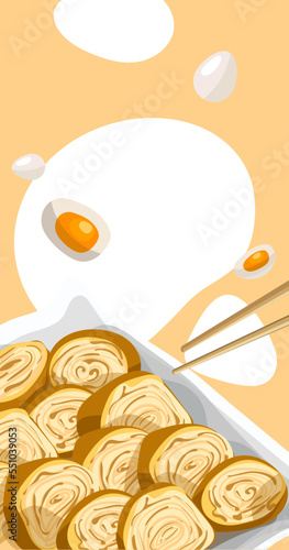 Illustration of an Asian tamago omelette dish for marquetinka against a backdrop of bright spots. Flyer for distribution. Can be used to print menus, flyers and banners on paper.