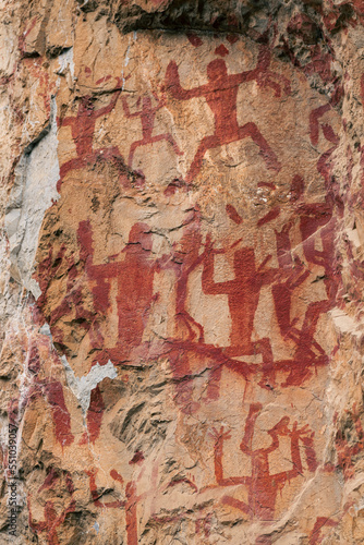 The wall of Zuojiang Huashan Rock art, Declared a UNESCO World Heritage site, the rocks contain ancient rock art from the Upper Paleolithic to Medieval times.