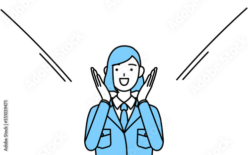 口に手を当てて呼び込みをする作業着を着た女性のシンプルな線画イラスト