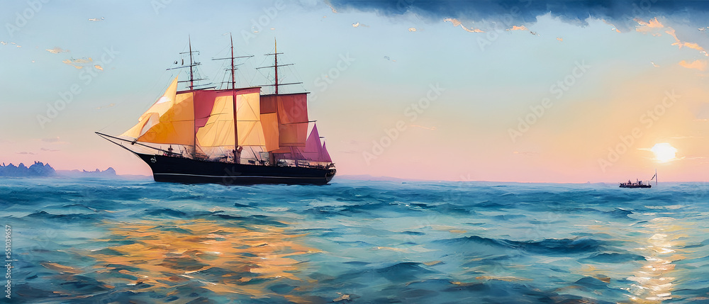 Artistic watercolor painting of ship on the sea. Generative AI