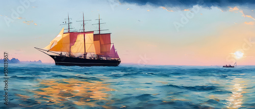 Artistic watercolor painting of ship on the sea. Generative AI