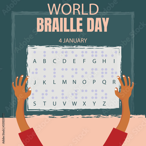 illustration vector graphic of a pair of hands holding a piece of paper with the braille alphabet written on it, perfect for international day, world braille day, celebrate, greeting card, etc.