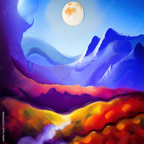 Full moon and mountains mystic landscape  digital painting art. Design wall art decoration print for canvas or poster. Stylish night mountains nature abstract background.