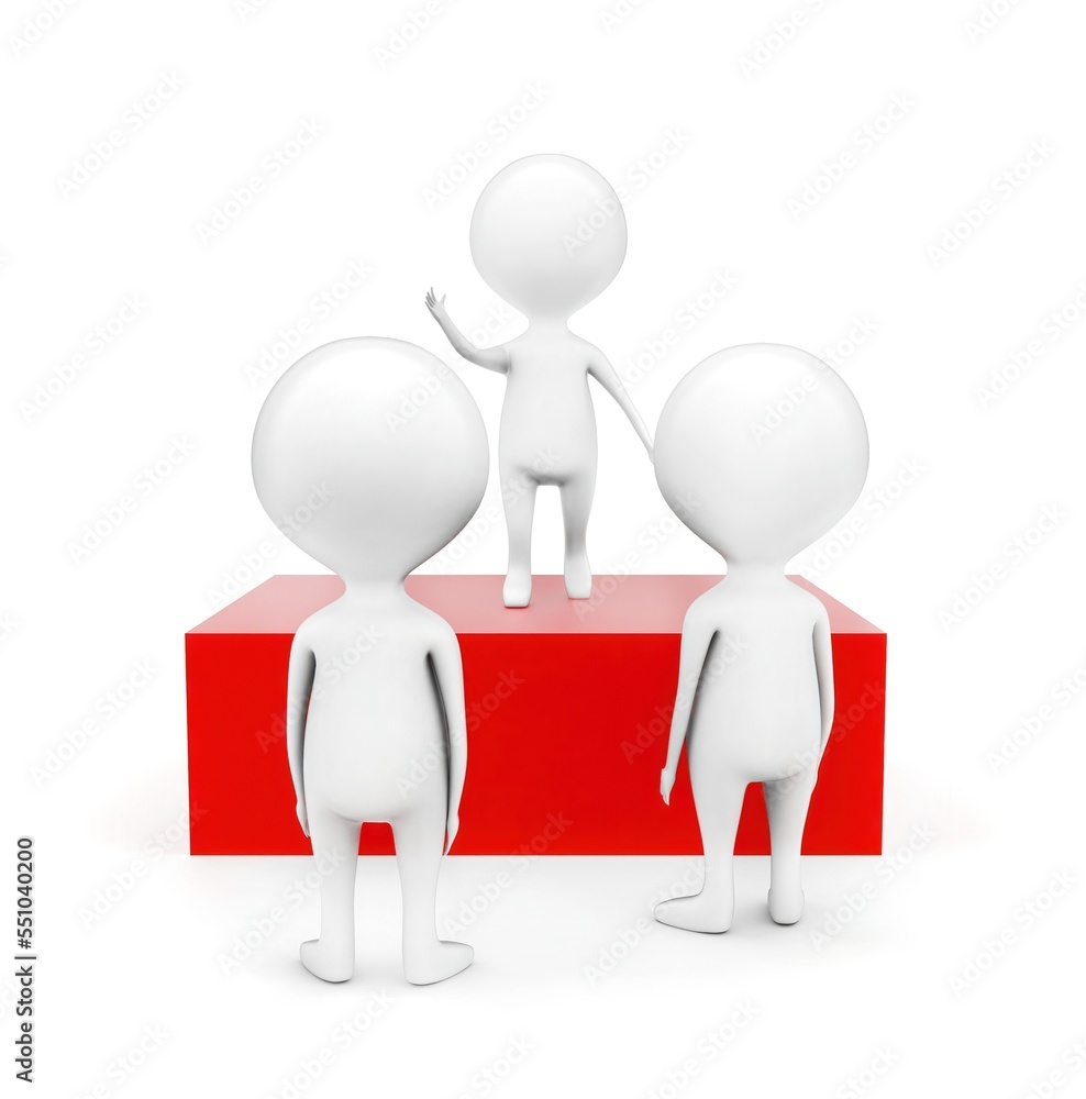 3d man talking on a elevated area from the ground and some other characters are on the listening to him concept 3d man talking on a elevated area from the ground and some other characters are on the listening to him concept