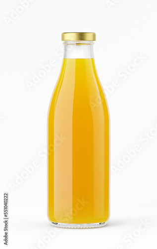 Glass Bottle with Orange Juice isolated on White Background - Orange Juice bottle template. 3d rendering