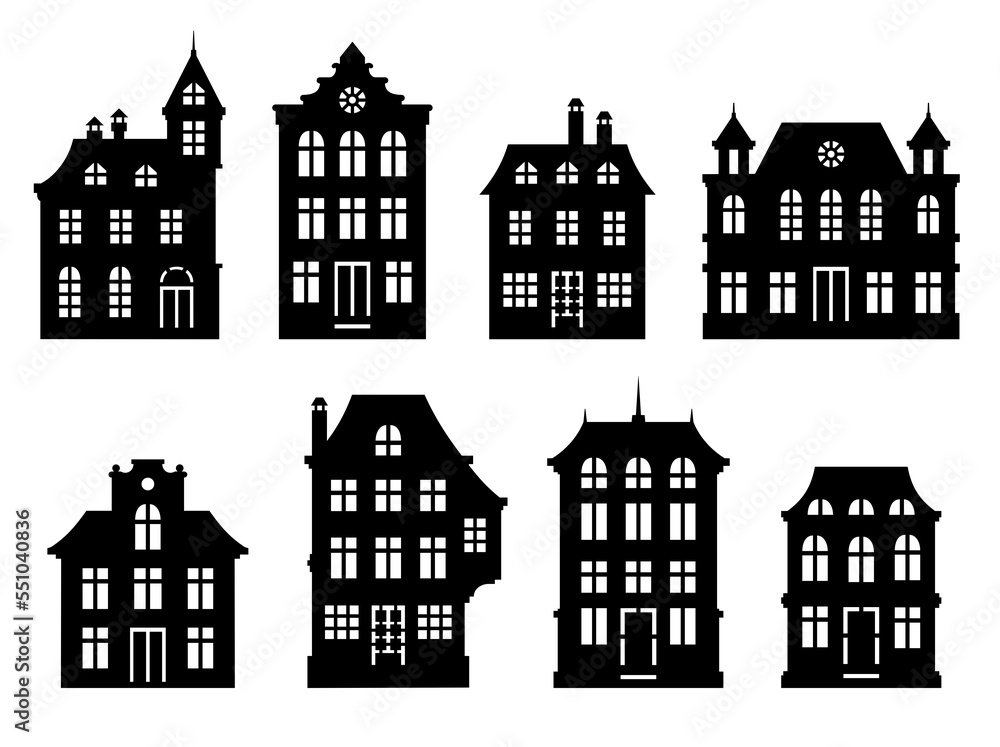Vector monochrome houses set. Black old style ornate houses with white windows and doors. Template for paper cutting, laser cutting.