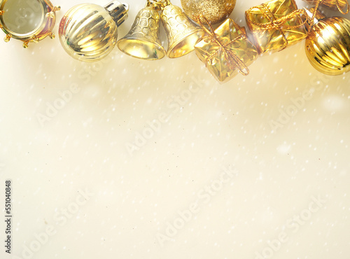 Christmas golden ball music present ball bell isolated on white flat lay
