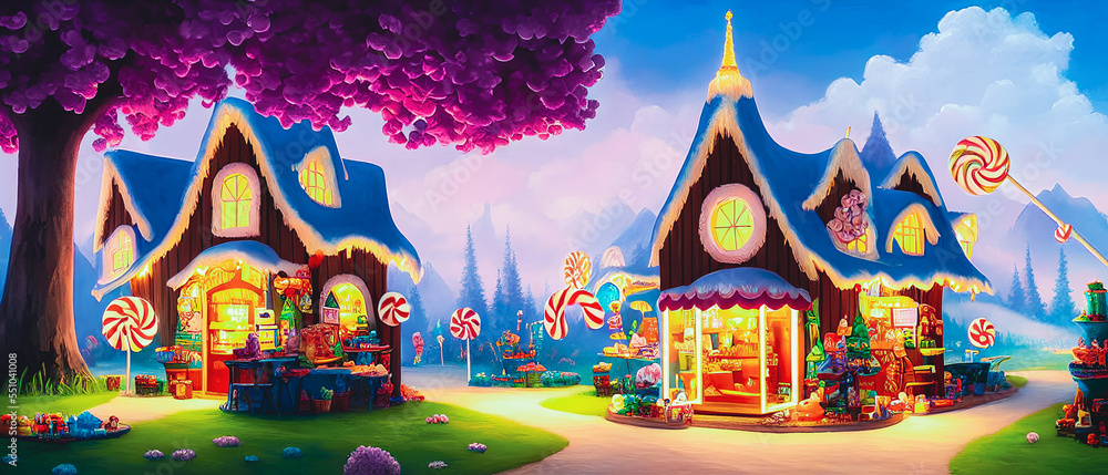 Artistic painting of a colorful candy land, wallpaper Artistic painting of a colorful candy land, wallpaper