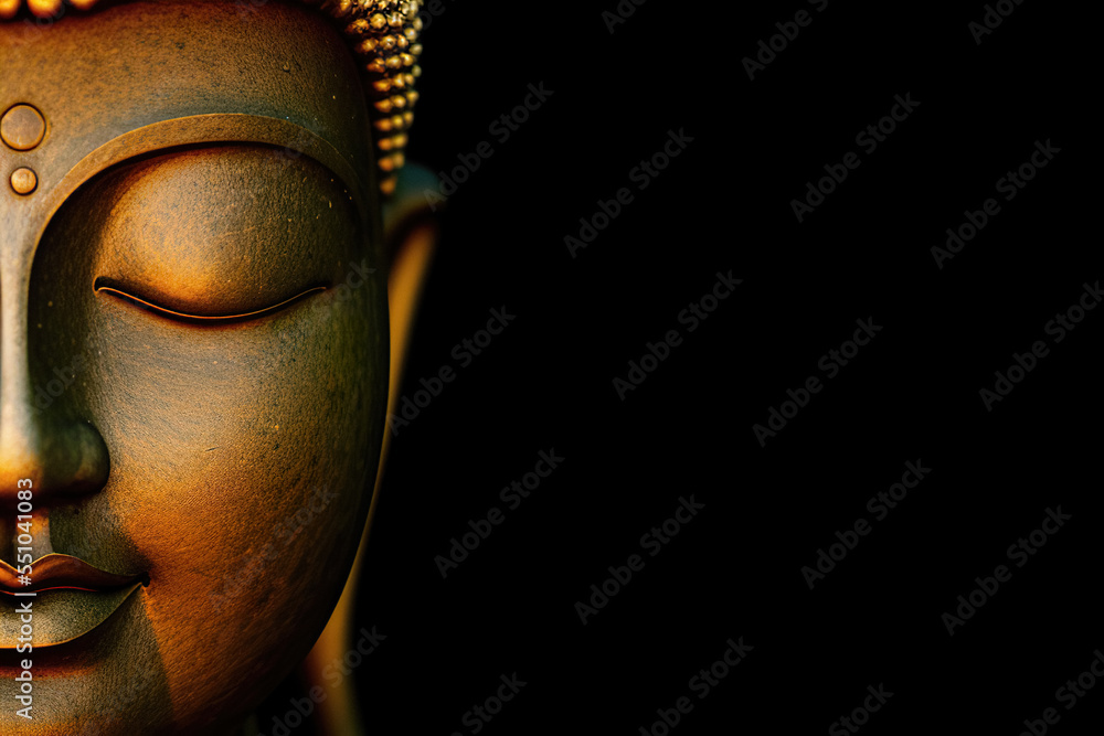 Rock buddha statue on black background, carved buddha portrait - obrazy, fototapety, plakaty 