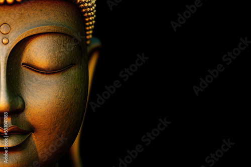 Fototapete Rock buddha statue on black background, carved buddha portrait