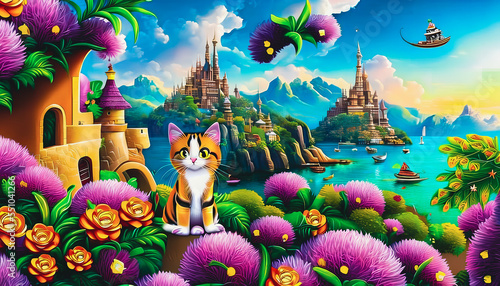 Artistic cartoon painting of fantasy cat, wallpaper