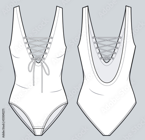 Lace-up Swimsuit technical fashion illustration. One-Piece Swimsuit fashion flat technical drawing template, v neck, front and back view, white color, women CAD mockup.