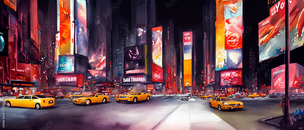 Obraz premium Cars on the street of New York City, USA, Times Square. Watercolor painting. Generative AI