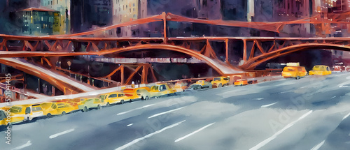 View of New York, river and bridge. modern abstract Artwork, Painting American city, urban illustration