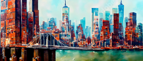 Artistic painting of New York city, bridge.