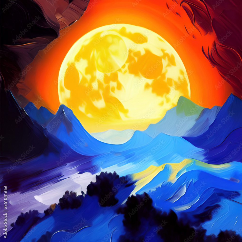 Full moon and mountains mystic landscape, digital painting art. Design wall art decoration print for canvas or poster. Stylish night mountains nature abstract background. Full moon and mountains mystic landscape, digital painting art. Design wall art decoration print for canvas or poster. Stylish night mountains nature abstract background.