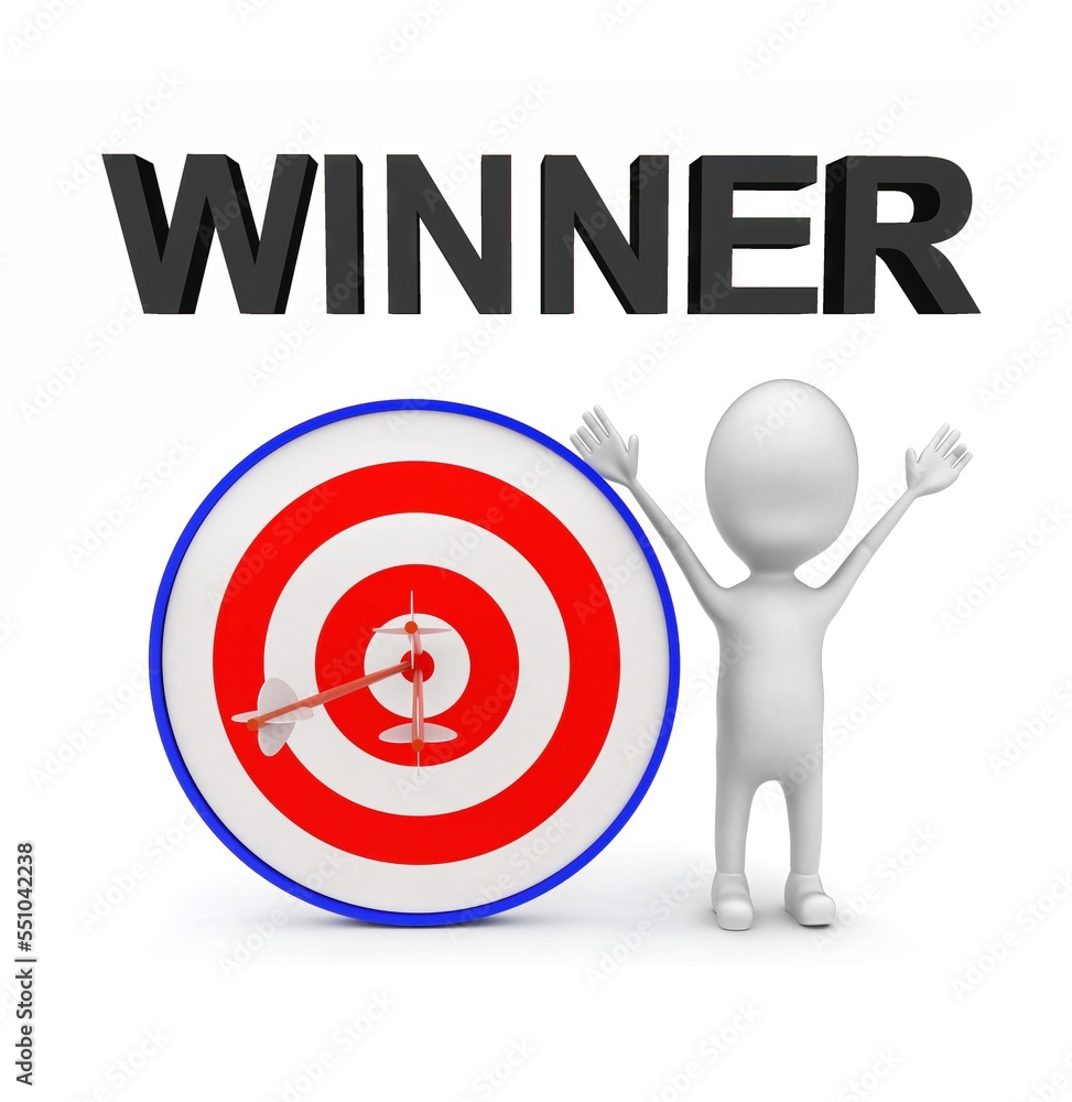 3d man with perfectly aimed arrows on target board winner text concept 3d man with perfectly aimed arrows on target board winner text concept