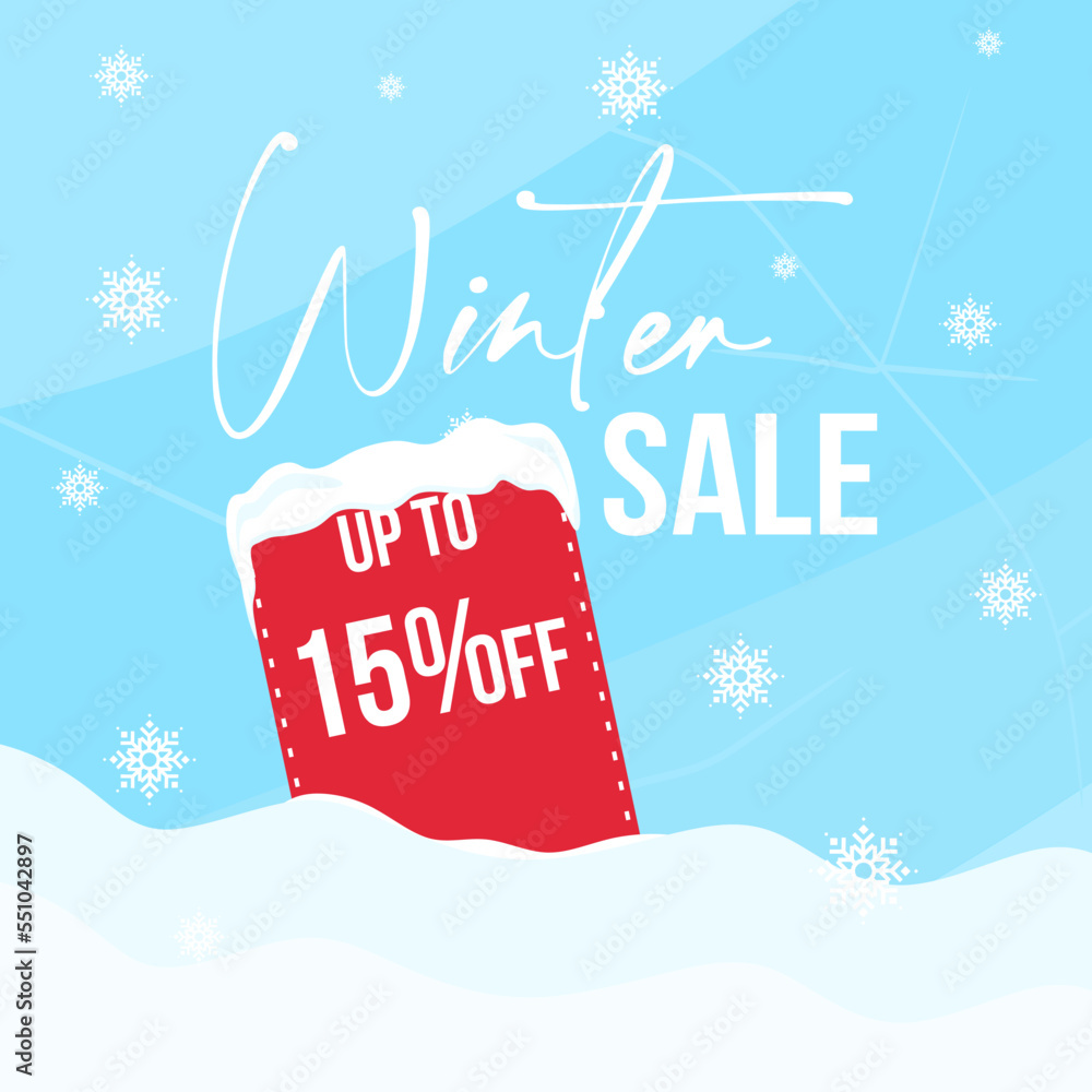 Winter sale up to 15% off. Winter sale banner template design with snow flakes up to 15 percent off. Super Sale, end of season special offer banner. vector illustration eps10