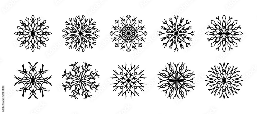 Outline snowflakes set for winter design. Snow flake line icons winter vector illustration. Design element for Christmas or New Year cards.Collection line art snowflakes isolated on white background. Outline snowflakes set for winter design. Snow flake line icons winter vector illustration. Design element for Christmas or New Year cards.Collection line art snowflakes isolated on white background.