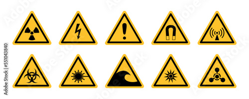 Triangular daranger signs, symbols set. Informing about risks and cautions. Triangle pictogram, icons for radiation, biological and chemical hazards. Symbol, sign of high voltage, radio emission, etc.
