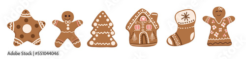 Holiday gingerbread cookies set. Vector gingerbread man, Christmas fir tree, house, star, sock