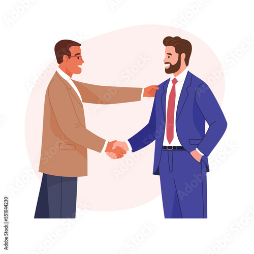 Meeting of businessmen. Vector cartoon illustration in a modern flat style of two caucasian men in suits shaking hands. Isolated on background