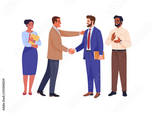 Businessmen meeting. Vector cartoon illustration of diverse smiling business people, and two bosses shaking hands. Isolated on white