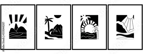 Black and white Poster sunrise in the Morning , with sea and palm trees. Background sunrise perfect for icon and symbols, poster, postcard, logo. Vector illustration.