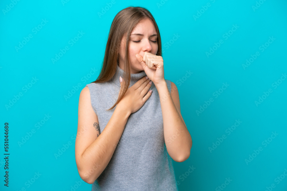 Young Lithuanian woman isolated on blue background coughing a lot Young Lithuanian woman isolated on blue background coughing a lot