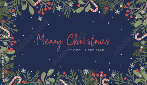 Merry Christmas and Happy New Year greeting card. Winter holiday frame with hand drawn Christmas tree branches, leaves, berries, snowflakes. Cute flat design elements in retro style. Vector 