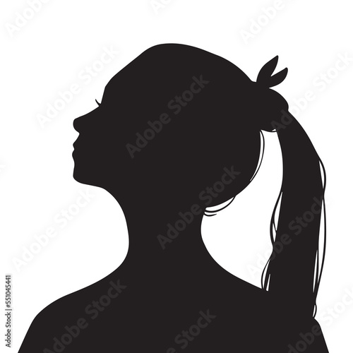 Young Girl face with ponytail hair from side view vector icon silhouette avatar. Black monochrome pretty girl drawing with simple flat art style isolated on plain white background.